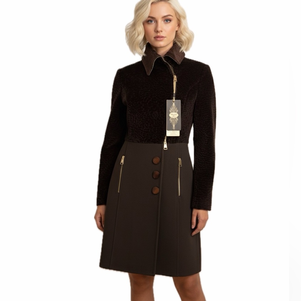 NWT Brown Coat High-Collar Zip/Button Closure Pockets Insulated Lined Jacket‎